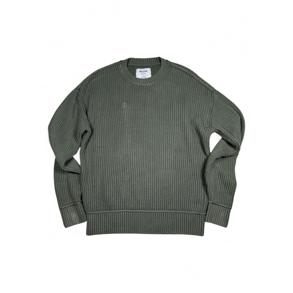 Hollister Mens XS Boxy Fit Ribbed Crewneck Sweater Olive Green Drop Shoulder